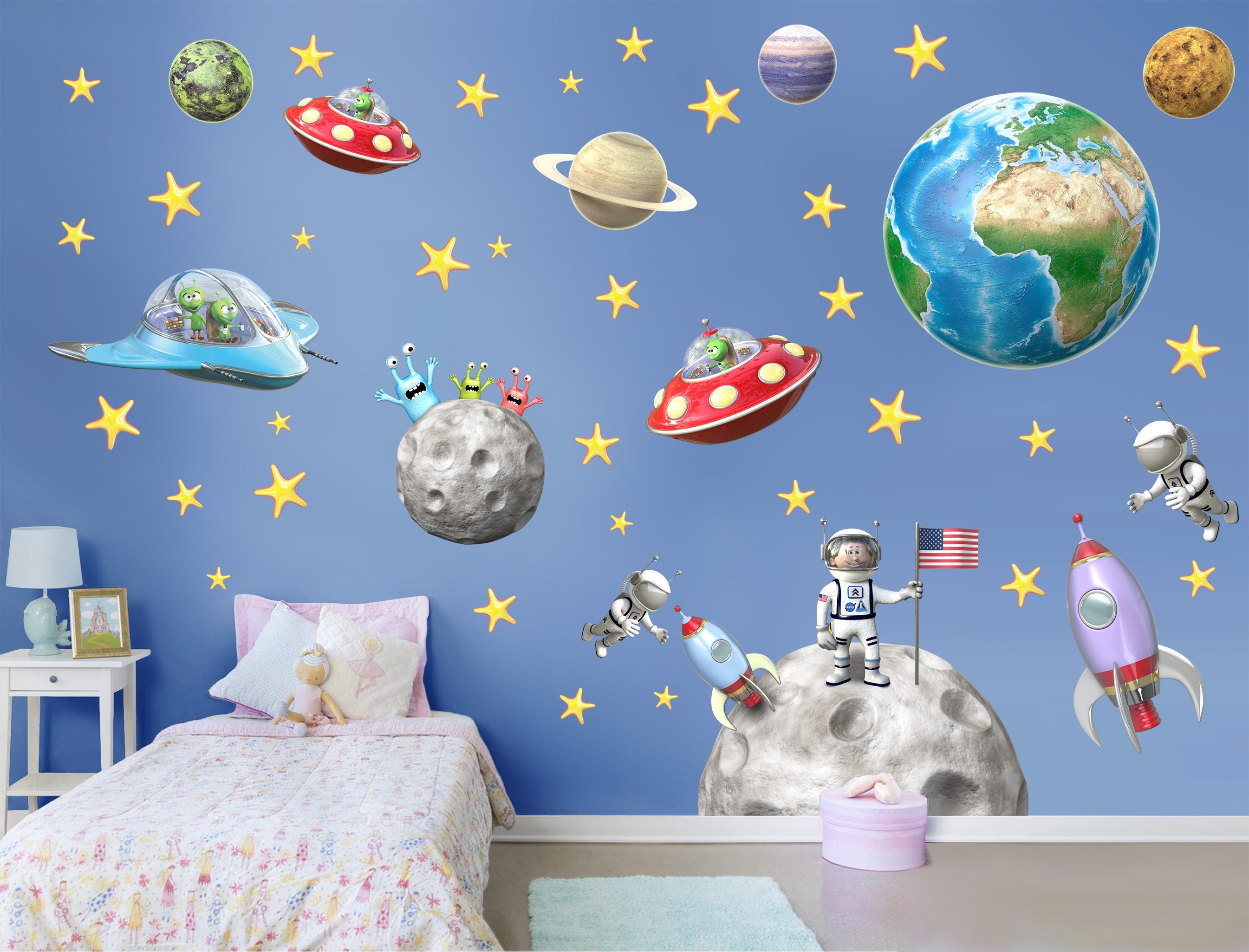 stickers Mural Planche Espace, Decoration Chambre Bébé, Decor Theme Planetes - A294