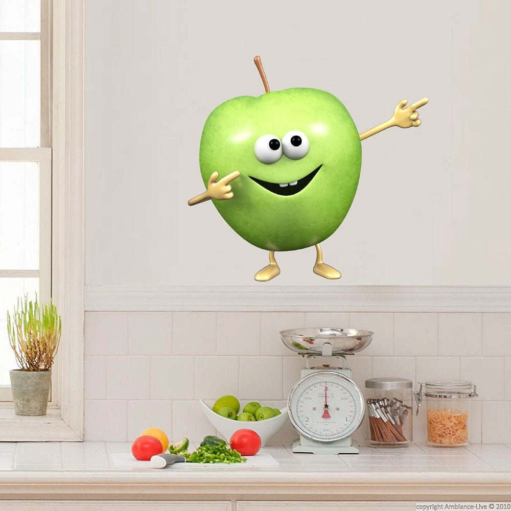 stickers Mural Fruit Pomme Verte, Autocollant Pour Cuisine Aliment, Potager, Verger, Arbre, Cidre - 