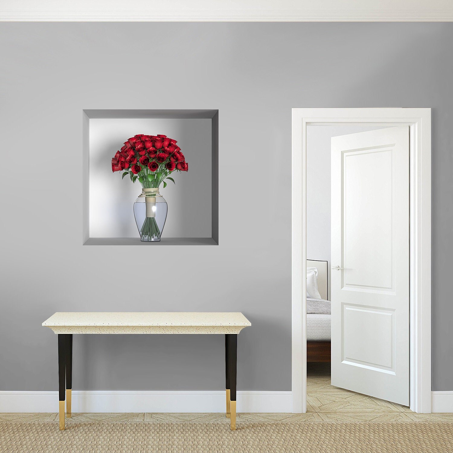 stickers Mural Niche 3D, Autocollant Trompe L'œil en Vinyle, 3D Illusion Optique - 7 Vase avec Rose