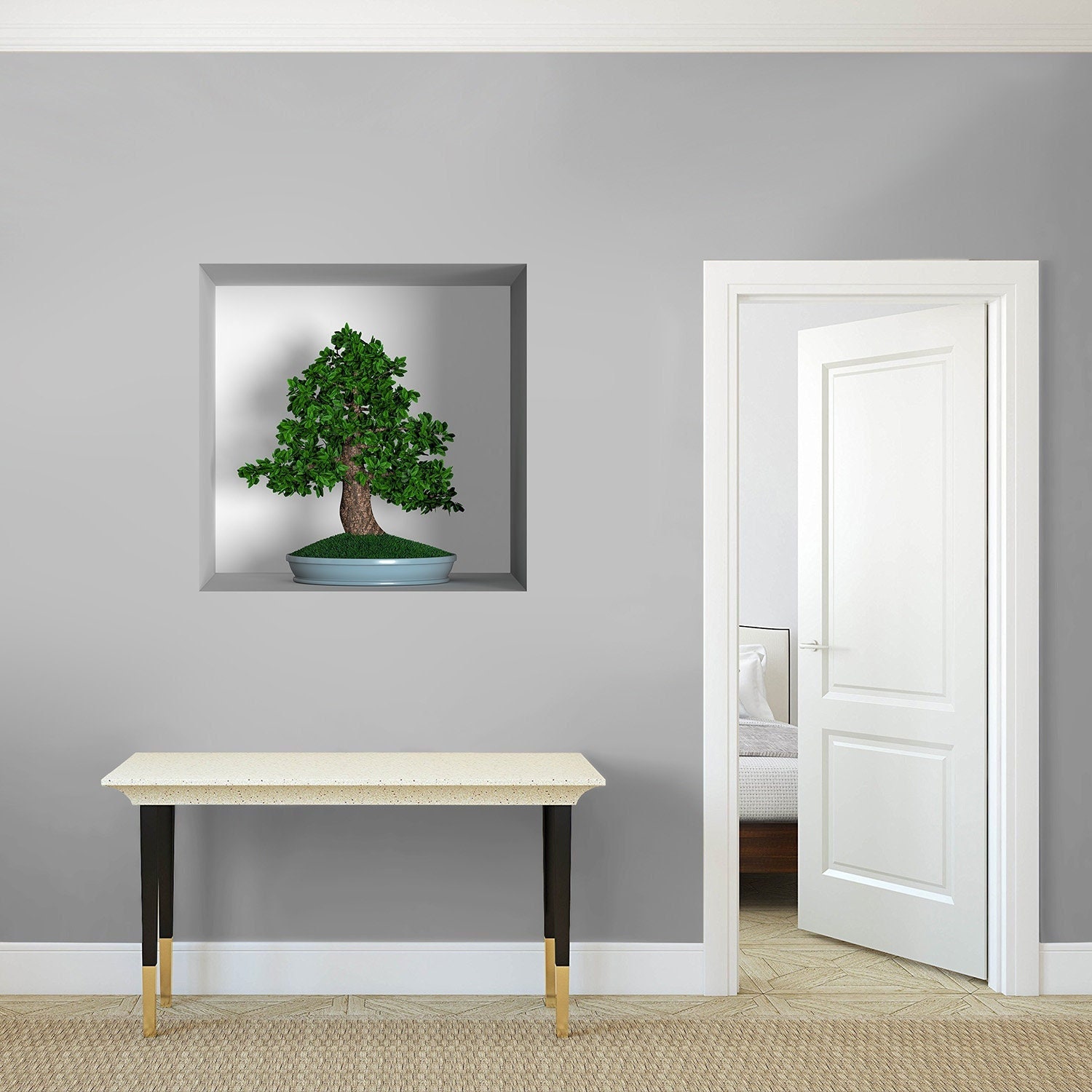 stickers Mural Niche 3D, Autocollant Trompe L'œil en Vinyle, 3D Illusion Optique - 3 Arbre Bonsaï 1