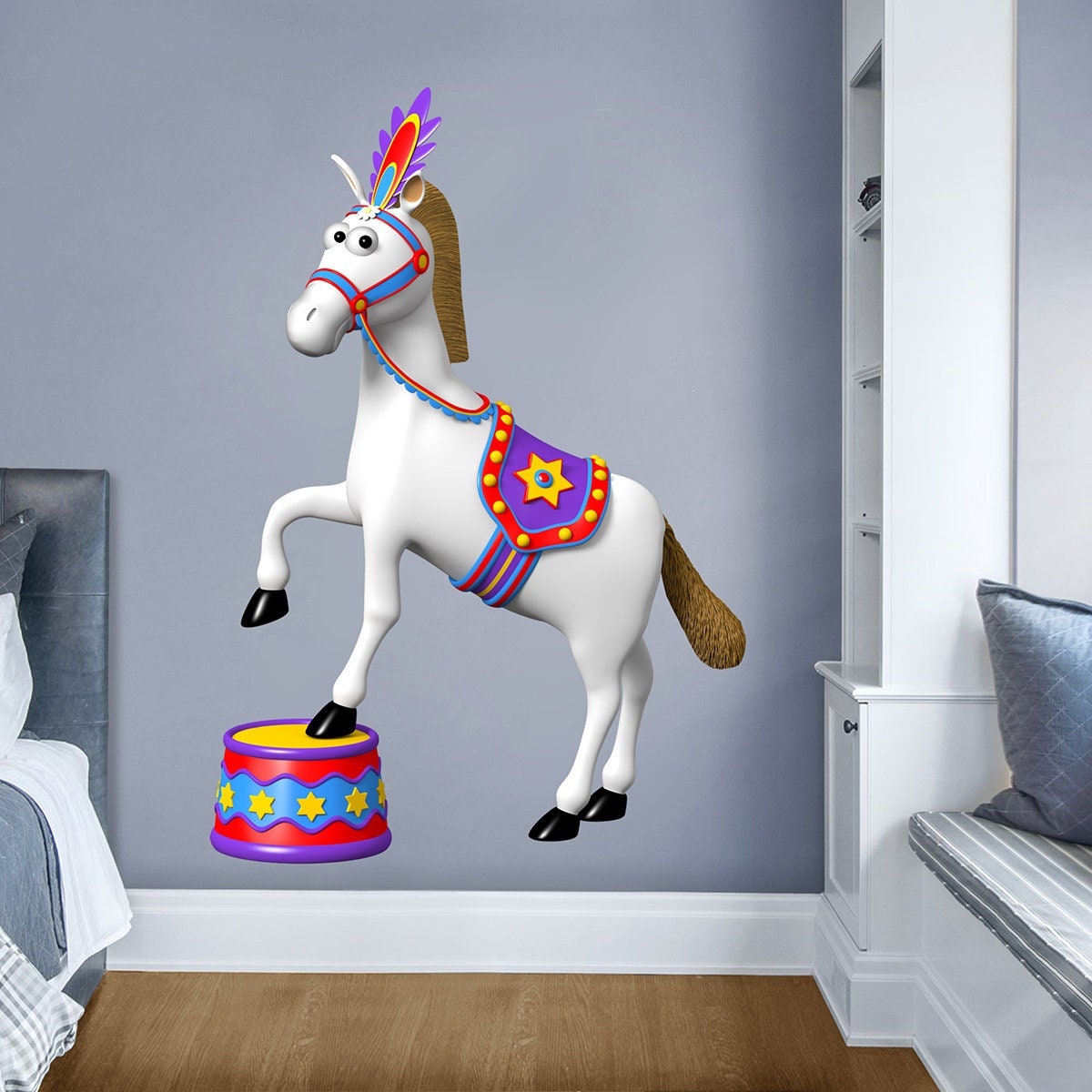 Stickers Mural Cheval de Cirque, Autocollant Parc d'attraction, Animaux Clowns, Trapéziste Stickers 