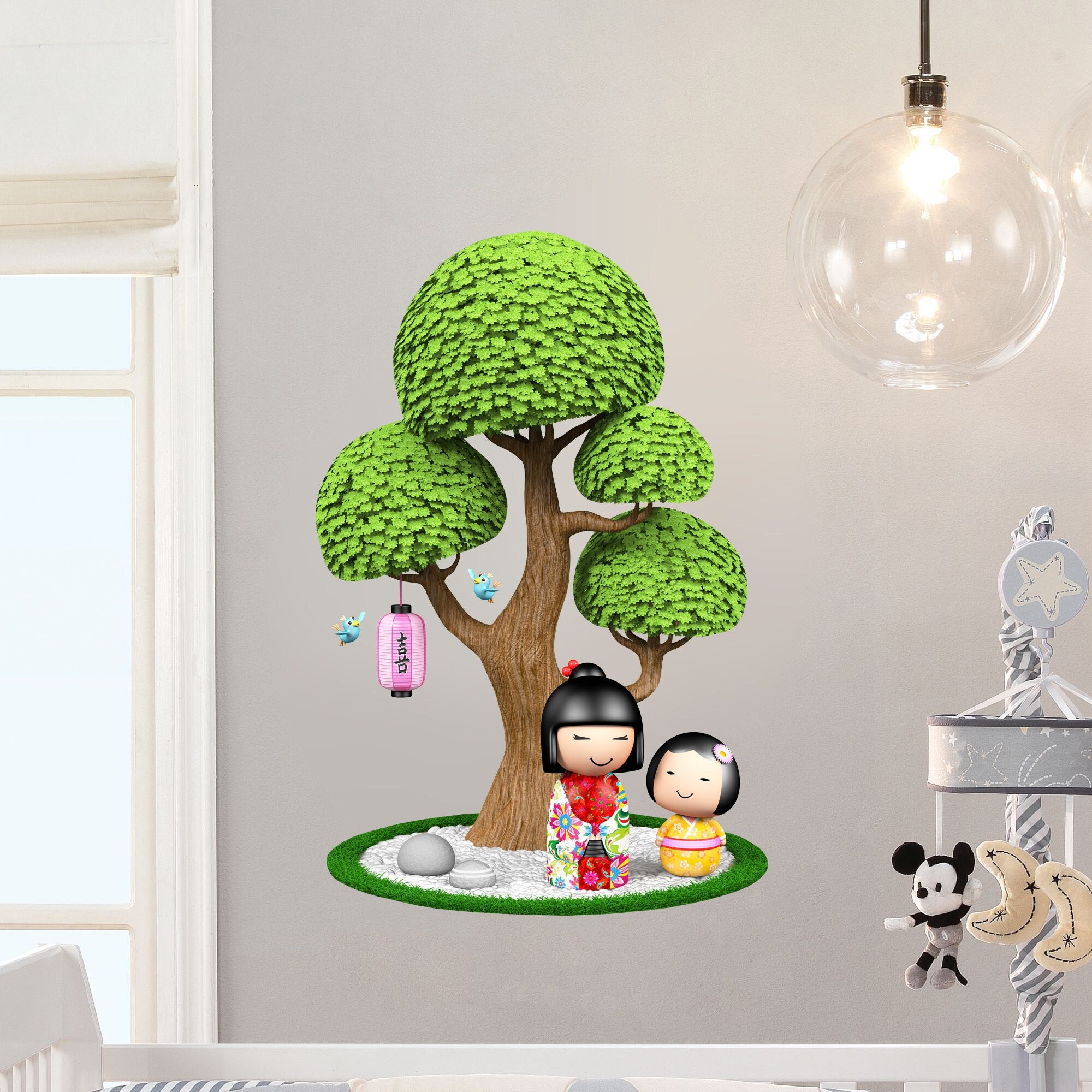 Stickers Mural Arbre Asiatique et Kokeshi, Bonsai, Stickers Geisha - A024