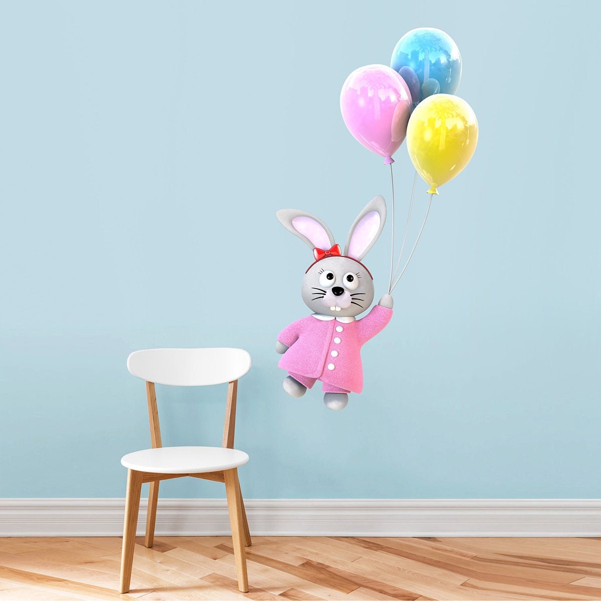 stickers Mural Lapin et Ballon - Autocollant Animal Mignon, Nuage, Décor Chambre Enfant, Ballons, Pe