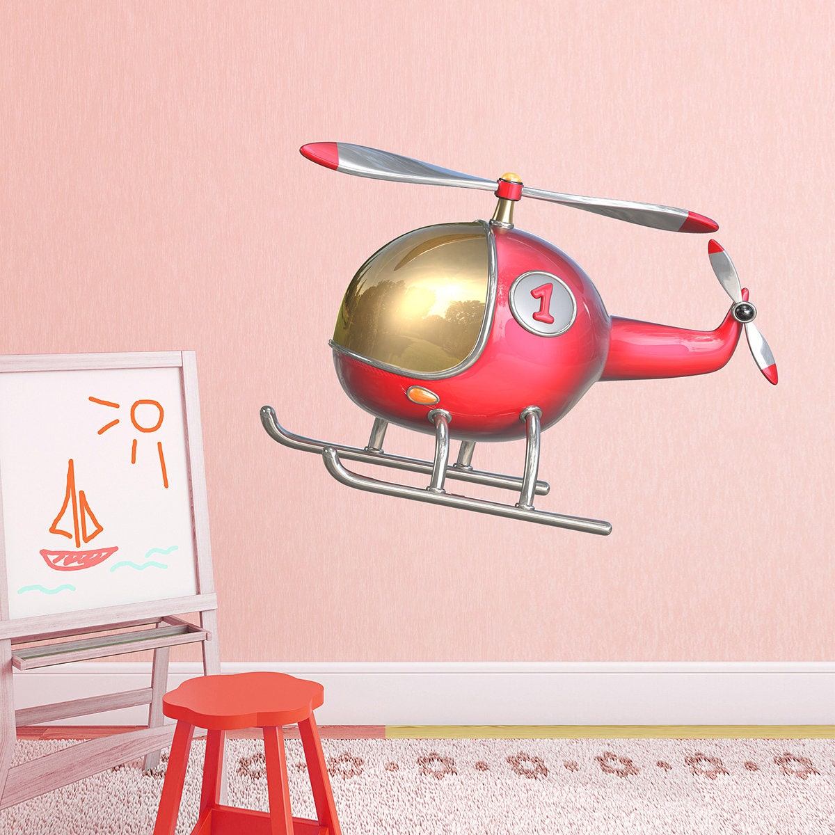 stickers Mural Hélicoptère Rouge, Autocollant Chambre de Garçon, Avion, Engin Volant, Autogire, Héli