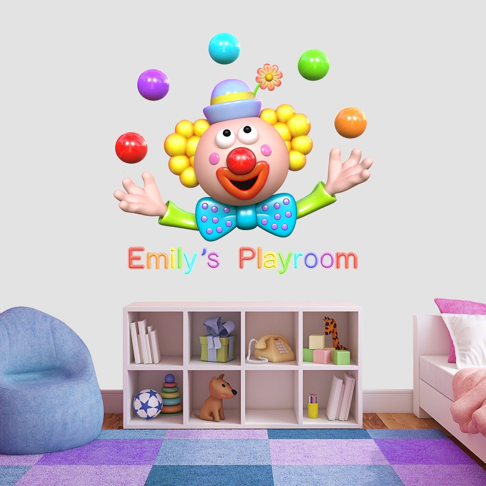 stickers Mural Clown Personnalisable, Décoration Pour Chambre Bébé, Nom Personnalisé, Prénom, Texte 