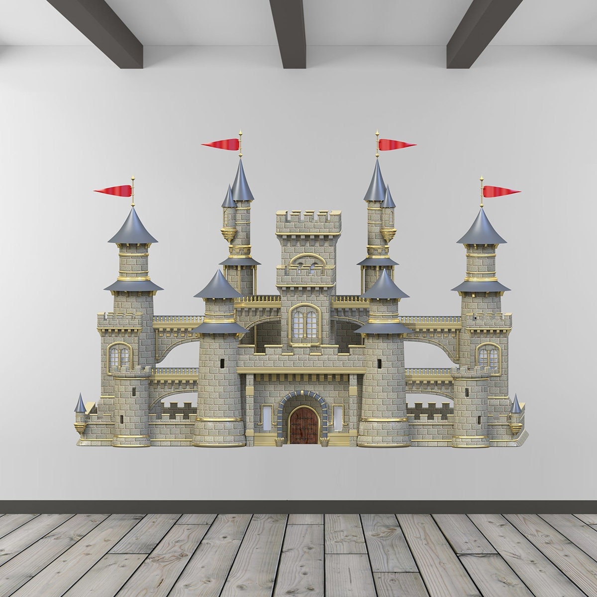 stickers Mural Chateau Médiéval, Autocollant Thème Moyen-Âge, Créneau, Tour, Pont Levis, Donjeon - A