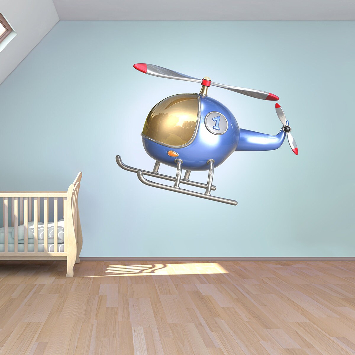 stickers Mural Hélicoptère Bleu, Autocollant Chambre de Garçon, Avion, Montgolfiere, Ballon Dirigeab