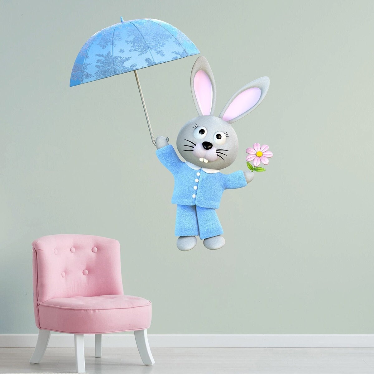 Stickers Mural Lapin et Parapluie, Decoration Chambre Bébé, Stickers Animal Mignon, Fleur, Peluche, 