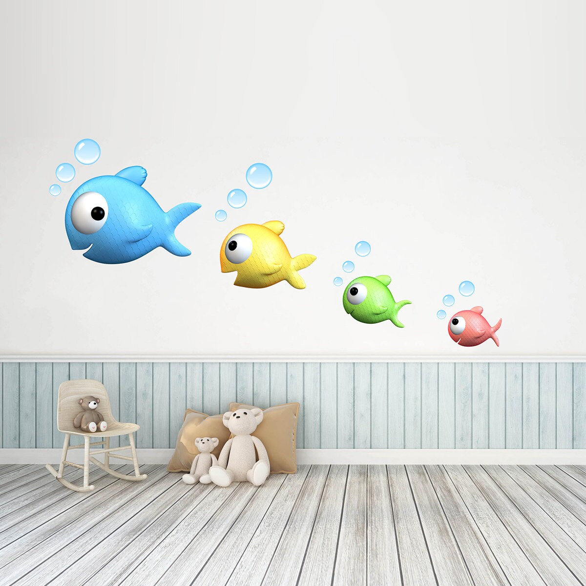 stickers Mural Famille de Poissons Colorés, Décoration Chambre Bébé, Animaux La Mer - A070