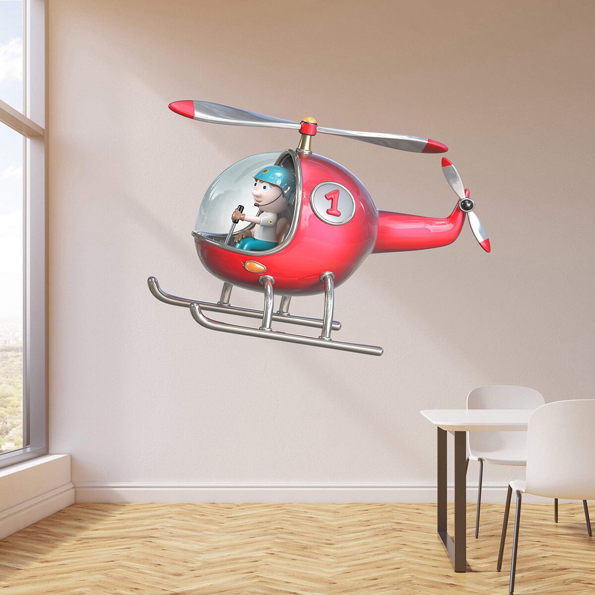 stickers Mural Hélicoptère Rouge, Autocollant Chambre de Garçon, Avion, Engin Volant, Autogire, Héli