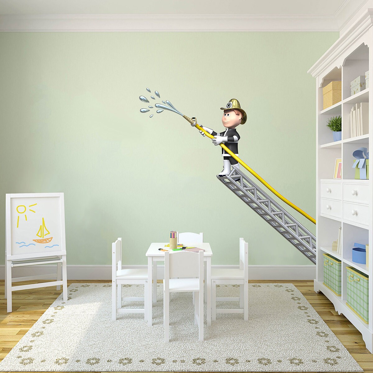 stickers Mural Pompier sur Échelle, Autocollant Pompier, Lance à Eau - A393