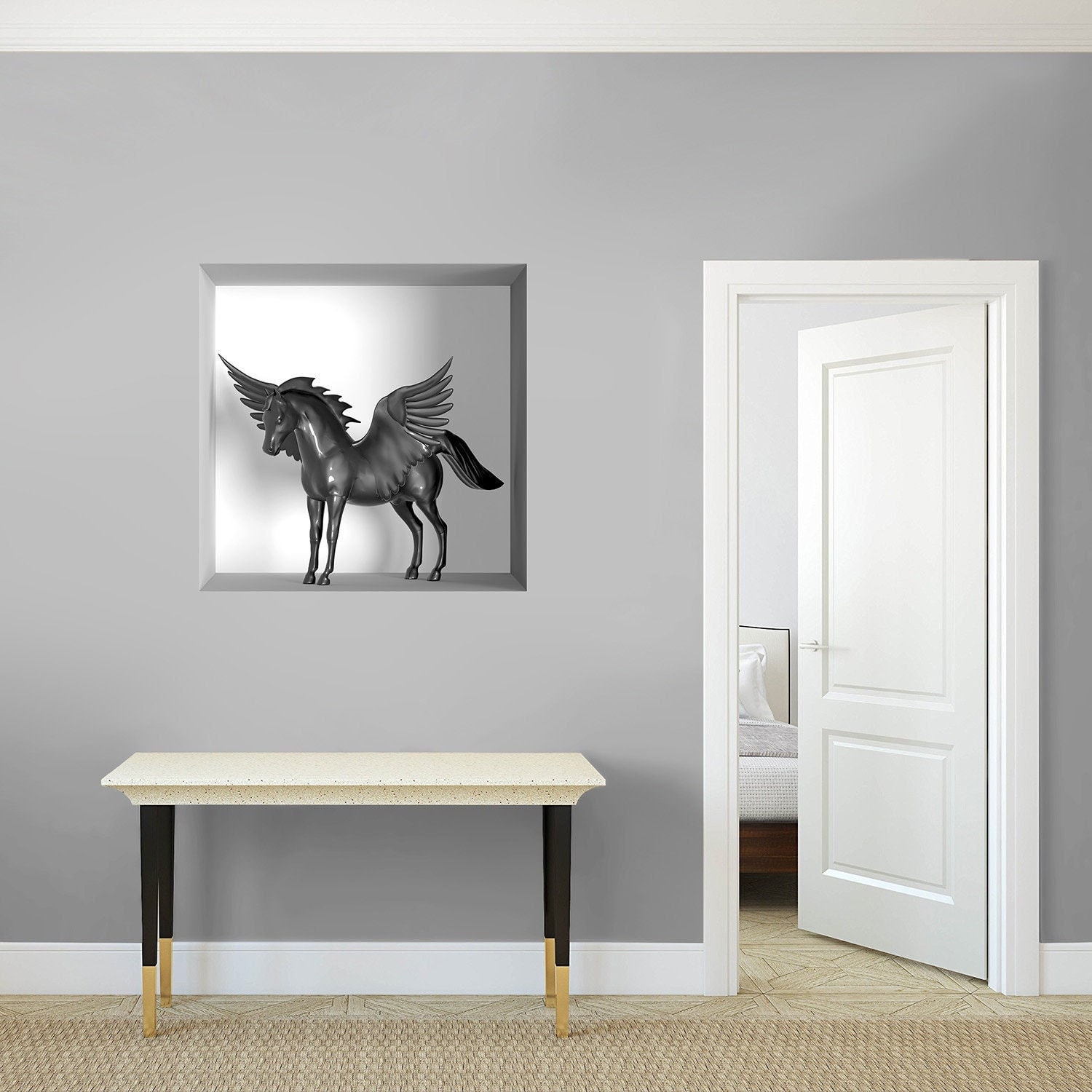 stickers Mural Niche 3D, Autocollant Trompe L'œil en Vinyle, 3D Illusion Optique - 11 Cheval 3