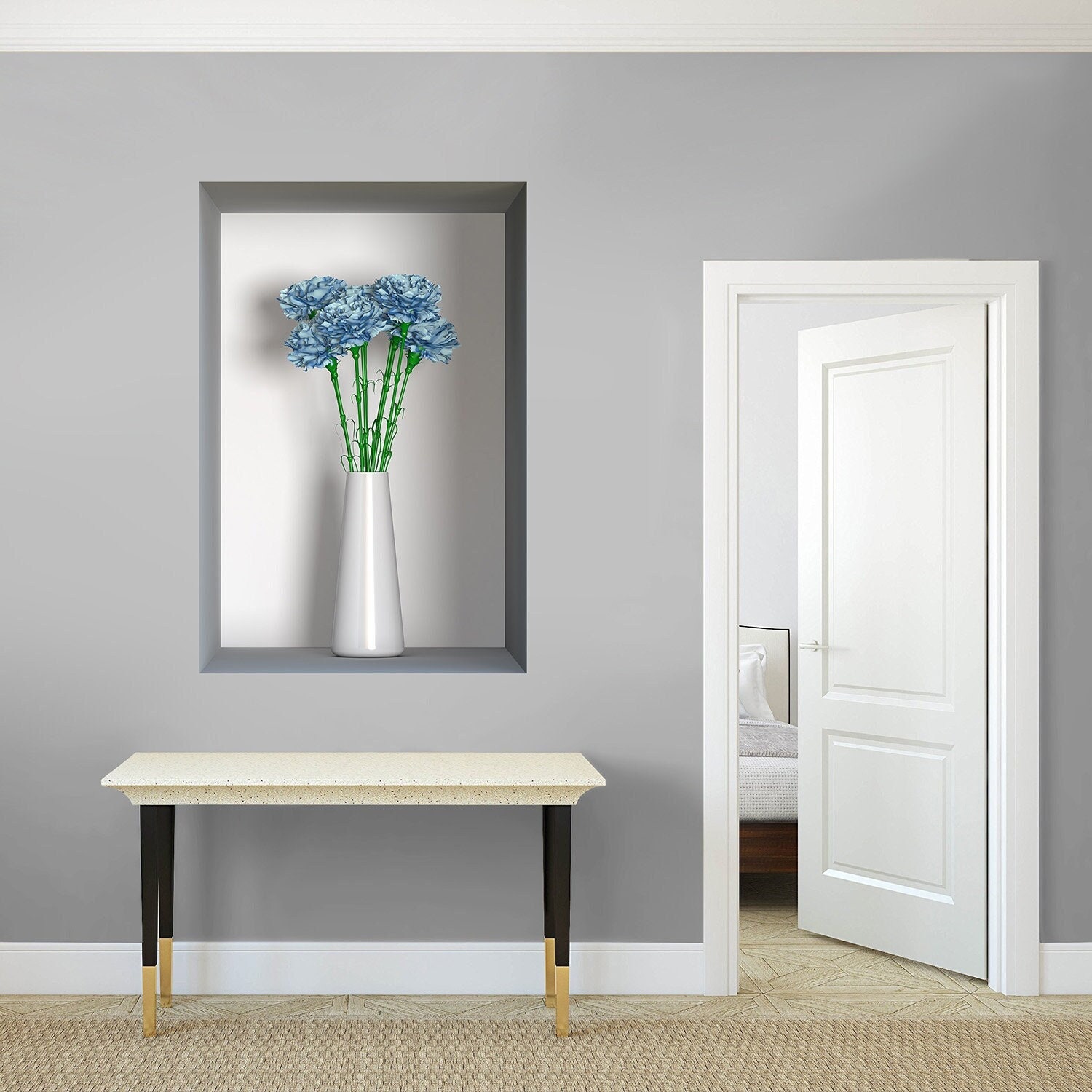 stickers Mural Niche 3D, Autocollant Trompe L'œil en Vinyle, 3D Illusion Optique - 55 Vase Fleuri 3