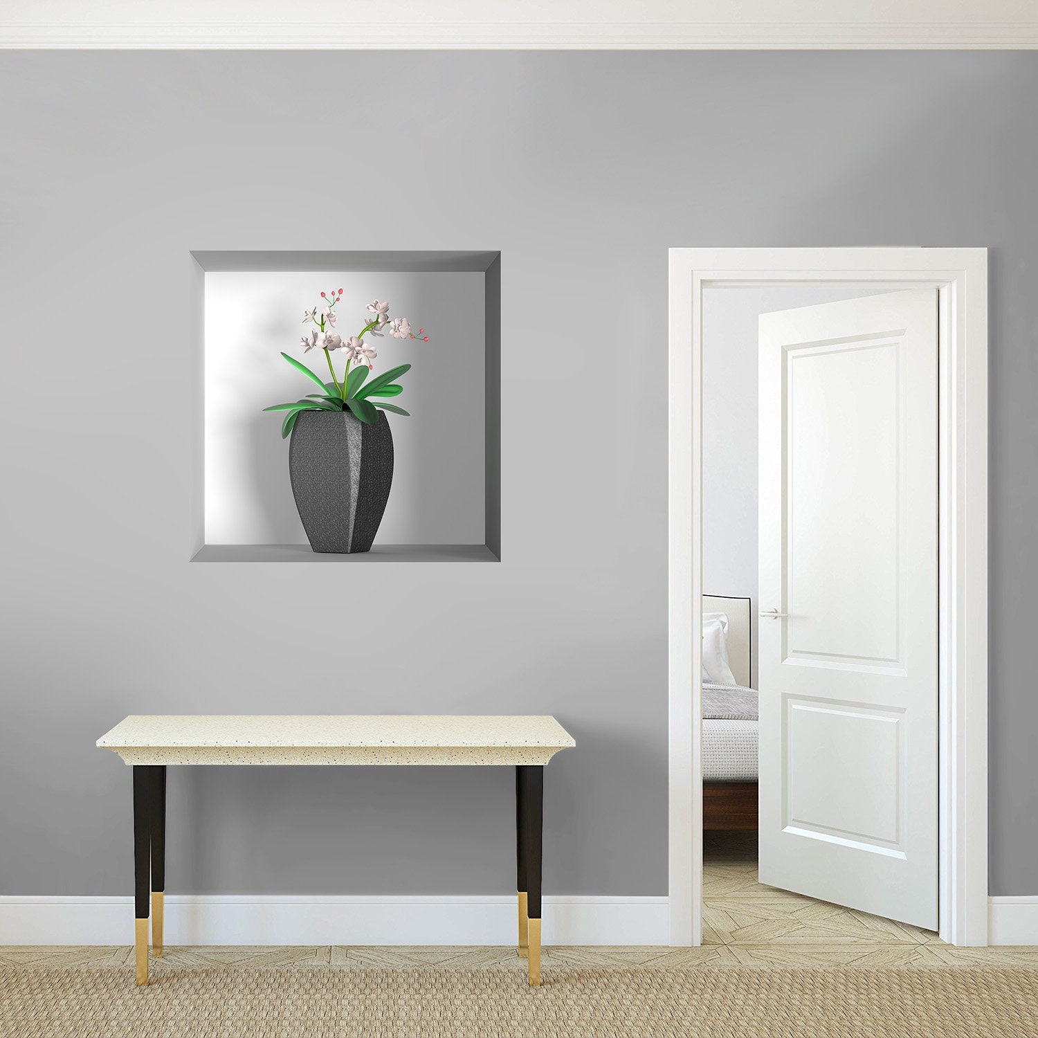 stickers Mural Niche 3D, Autocollant Trompe L'œil en Vinyle, 3D Illusion Optique - 32 Vase Fleuri 1