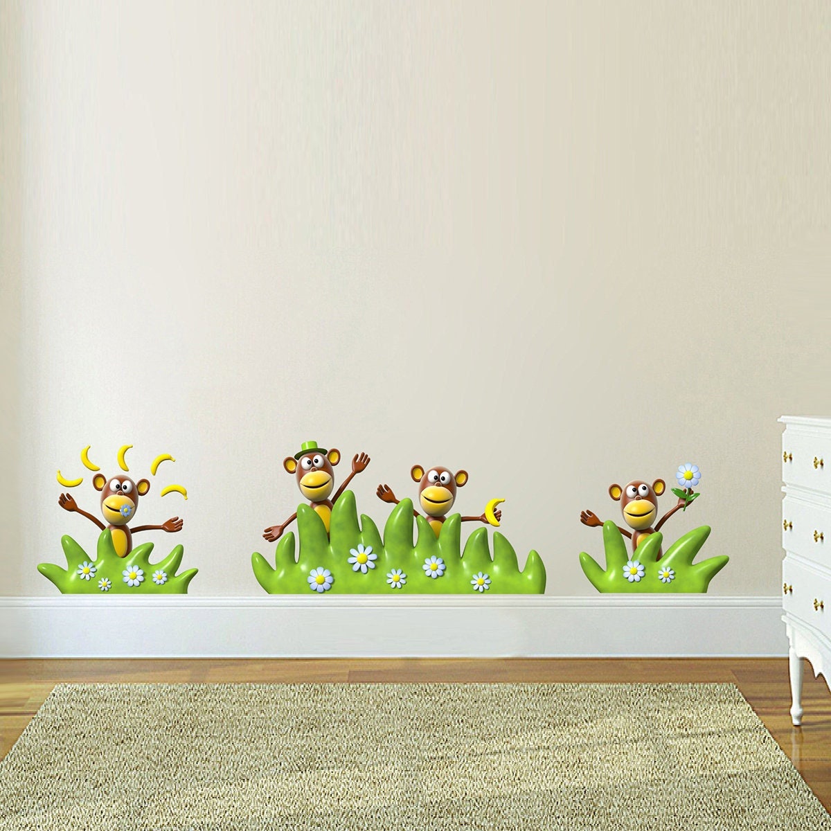stickers Mural Petits Singe, Décoration Murale Bébé, Autocollant Animaux de La Jungle - A324