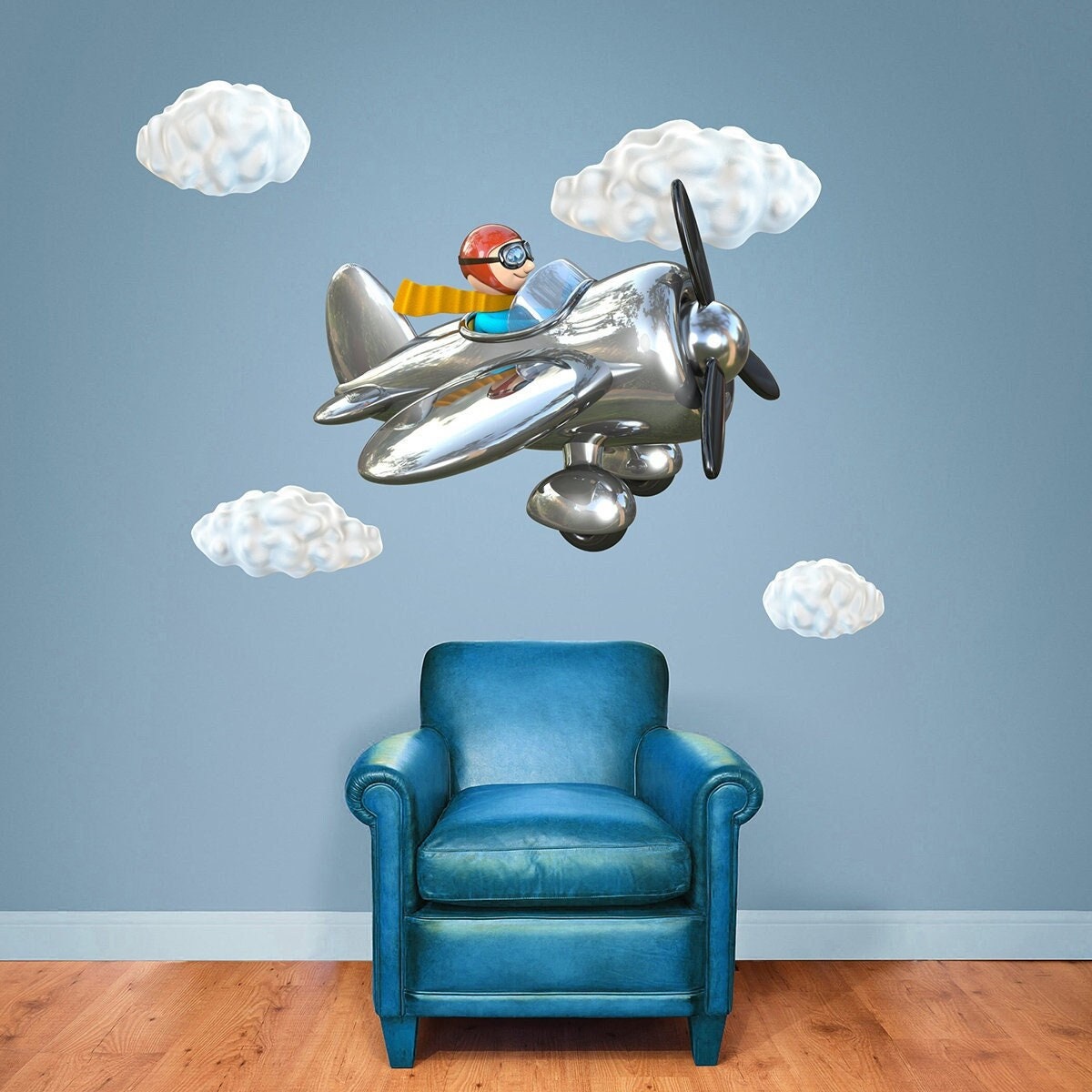 stickers Mural Avion Vintage, Autocollant Chambre de Bébé, Muraux Enfants, Retro, Nuages, Casque - A