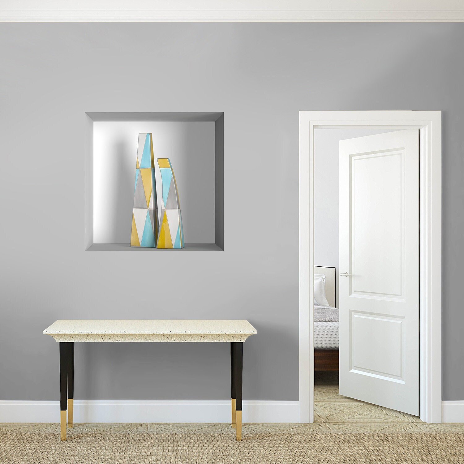 stickers Mural Niche 3D, Autocollant Trompe L'œil en Vinyle, 3D Illusion Optique - 42 Vases Colorés 