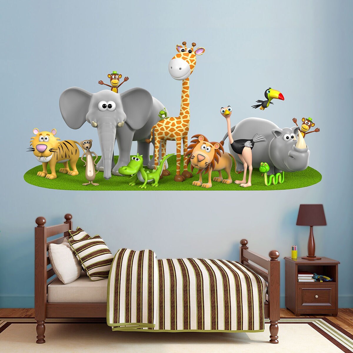 stickers Mural Animaux de La Jungle, Autocollant Bêtes Sauvages, Elephant, Lion, Girafe - A351