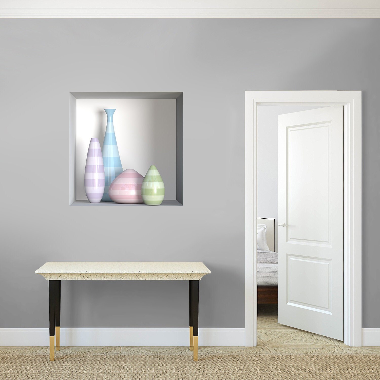 stickers Mural Niche 3D, Autocollant Trompe L'œil en Vinyle, 3D Illusion Optique - 36 Vases Colorés 