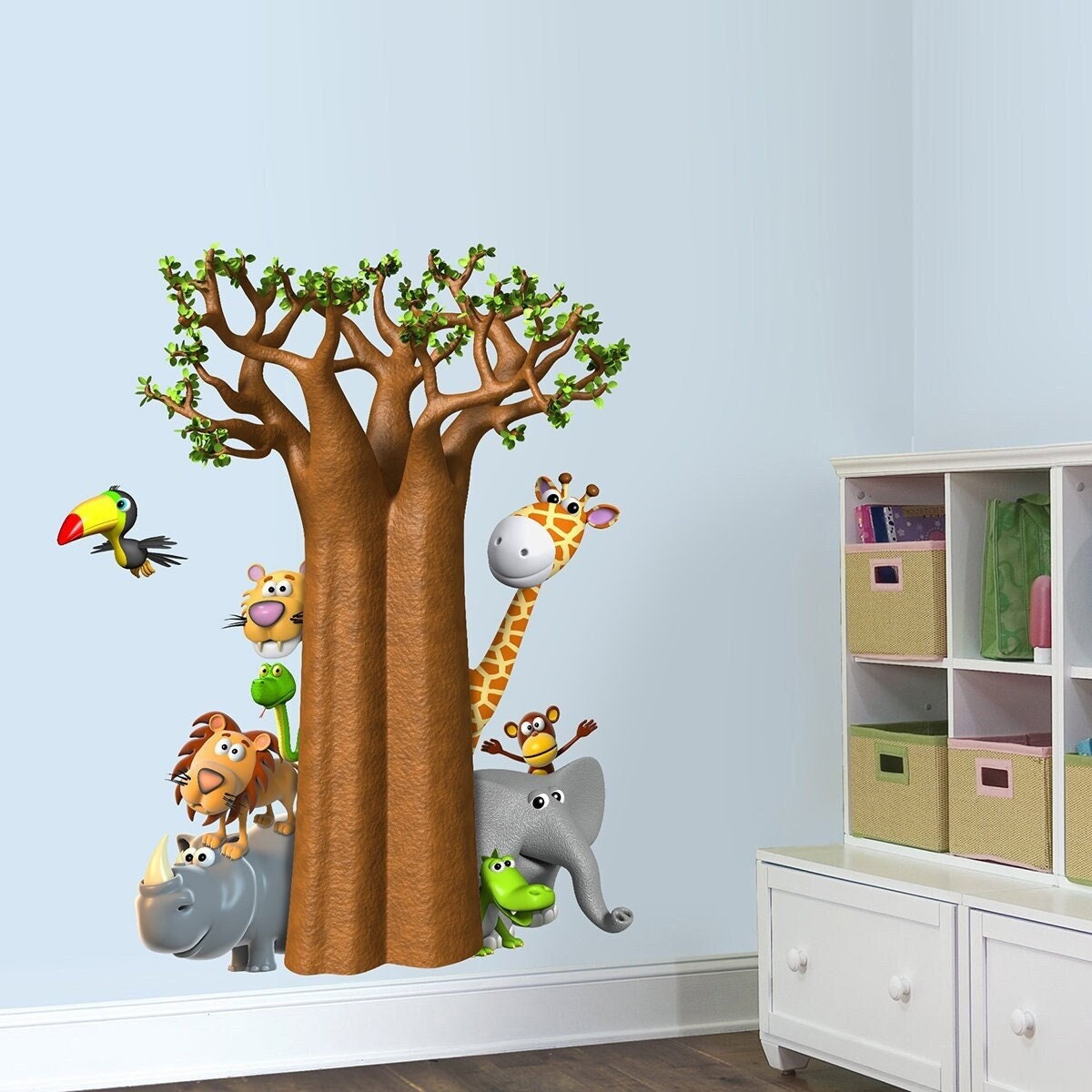 stickers Mural Baobab et Animaux de La Jungle, Decoration Chambre Bébé, Oiseau , Animal Sauvage, Afr