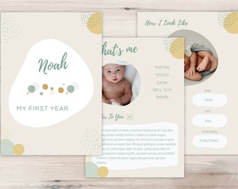 Baby geheugen boek afdrukbare gepersonaliseerde Boy Boys sjabloon digitale download instant eerste jaar cadeau pasgeboren dagboek Canva Milestone Douche