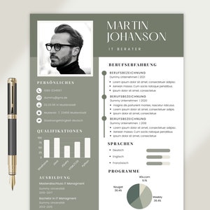 CV template IT application templates infographic diagram german tabular cover sheet application man student green modern Canva
