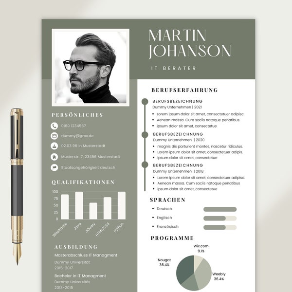 Resume Template IT Application Templates Infographic Chart German Tabular Cover Sheet Application Man Student Green Modern Canva