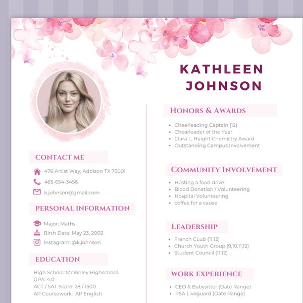 sorority resume template pink digital download with photo Set Canva recruitment packet Rush rose floral flower