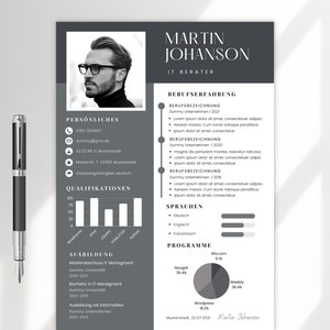 Plantilla de currículum Plantillas de aplicaciones de TI Diagrama infográfico Hoja de portada tabular alemana Aplicación Hombre Estudiante Negro Gris Moderno Canva