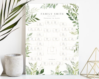 Family tree template 5 4 3 generations editable download with photos 18x24 wall Art printable Canva large with kids siblings maker builder