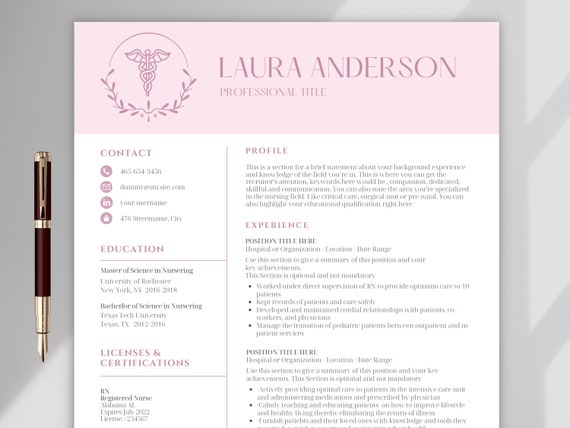 Registered Nurse resume Template New Grad Nurse pink Travel RN , CNA icu Nursing Student cv Canva Cover Letter Medical assistant example