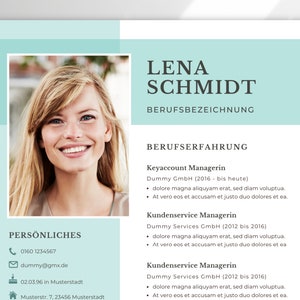 May include: A resume template with a light blue background and a headshot of a woman smiling. The resume includes the name Lena Schmidt, a job title, and work experience at Dummy GmbH and Dummy Services GmbH.