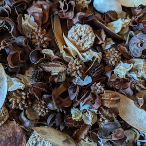 May include: A collection of dried potpourri featuring a variety of natural elements including dark brown curled seed pods, light beige flat leaves, small textured brown pine cones, and round fibrous botanical pieces in shades of brown and cream.