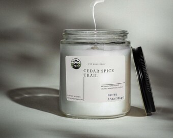 Cedar Spice Trail Candle, Wood Wick Candle, Coconut Wax Candle in Clear Jar, Candle Gift, Housewarming Gift