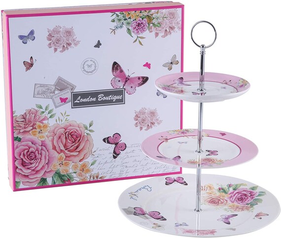 Kuchenständer 2-etagig 22 Cm Hoch – Porzellan Mit Bird & Rose Design, Inkl. Metallständer