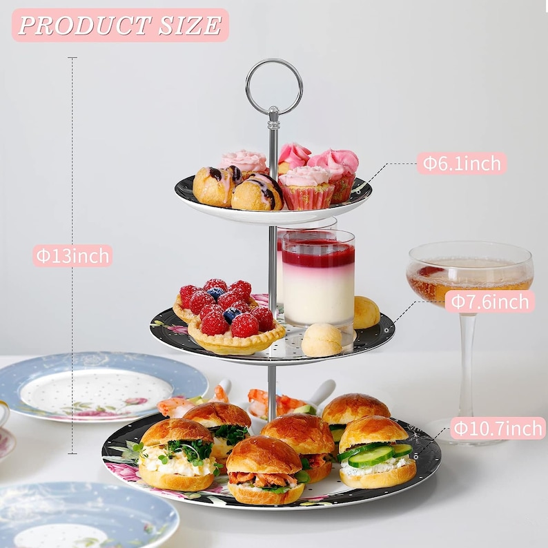 Floral Porcelain Afternoon Tea Set: 3-tier Cake Stand, Cups, Saucers ...