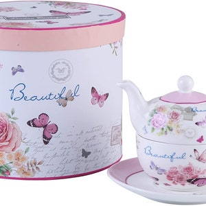 Juego de tetera, taza y platillo Tea for One, caja de regalo de porcelana vintage con diseño de rosa y lavanda (mariposa rosa)