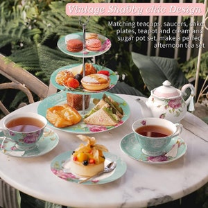 Afternoon Tea Coffee Cake Set with-  3 Tier Cake Stands 2 Cups 2 Saucers 4 Plates  (Turquoise)