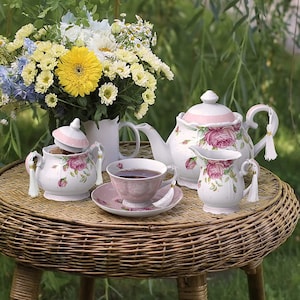 Conjuntos de bule de porcelana bule açucareiro e jarro de leite creme chique vintage floral em caixa de presente