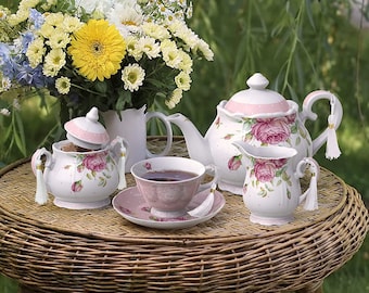 Porzellan Teekanne Sets Teekanne Zuckerdose und Sahne Milchkännchen Shabby Chic Vintage Floral in Geschenkbox