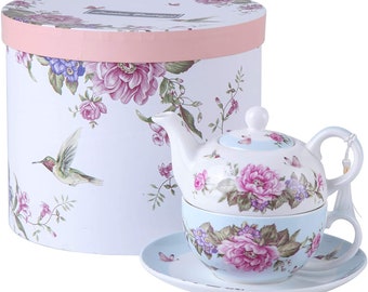 London Boutique Tea for One Teapot Cup suacer Set Shaby Chic Flora Bird Rose Butterfly Porselein Gift Box (Blauw)