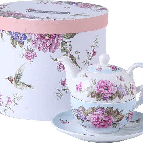 London Boutique Tea for One Teapot Cup Suacer Set Shaby Chic Flora Bird Rose Butterfly Porcelain Gift Box (Bleu)