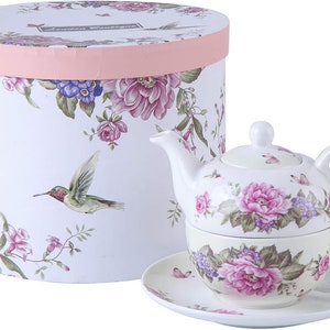London Boutique Tea for One Bule Xícara Conjunto Shaby Chic Flora Pássaro Rosa Borboleta Porcelana Caixa de Presente Bege