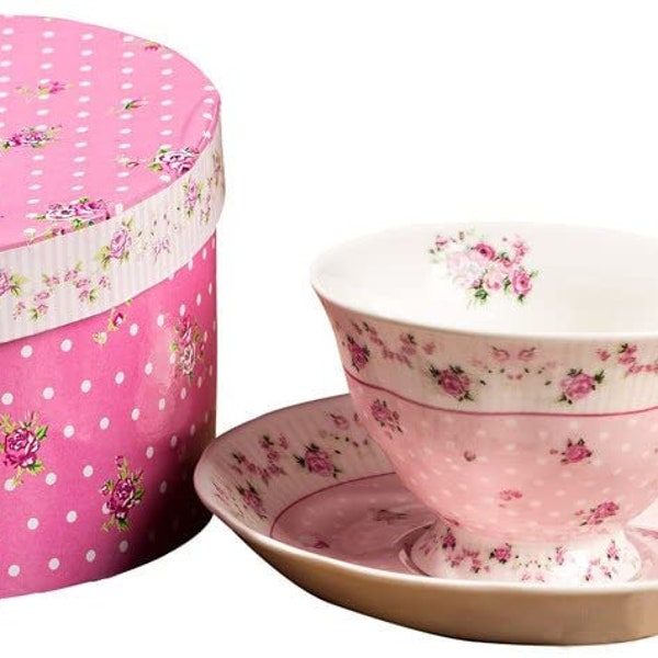London Boutique Coffee Tea cup and Saucer set Vintage Flora Rose Porcelain Gift Box (1 pc set)
