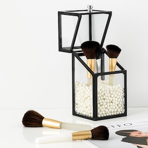 Large Makeup Organiser Cosmetic Storage Makeup Brush Holder with Lid Dustproof Pearls (Black)