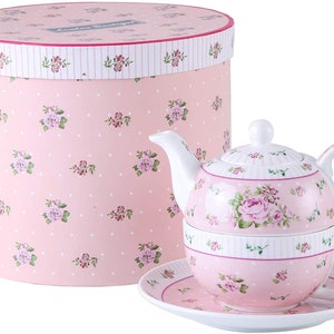 London Boutique Vintage Rose Flower Victoria Flora Porcelain Tea for One Teapot and Cup suacer in Gift Box (Pink)