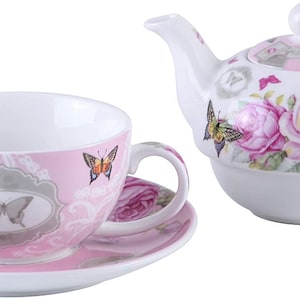 Juego de tetera, taza y platillo London Boutique Tea for One en caja de regalo de porcelana vintage con diseño de rosas y lavanda (rosa mariposa)