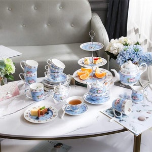 Tea Coffee Family Set for Mothers Day Coronation Party- Cake Stand, Teapot, Milk Jug, Plates, Cups/ Saucers (Blue)