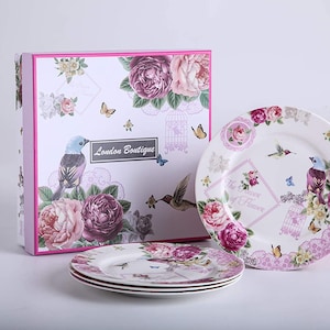 Bicuzat 6-Inch Porcelain Snack Plate, Banquet Dessert Plate, Flower And Bird Pattern, Set Of 4