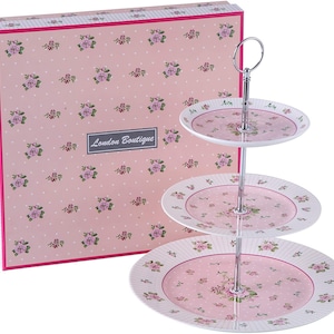 London Boutique 3 Tier Cake Plate Stand Porcelain Vintage Victoria Flower Floral Rose in Gift Box (Blue/ Pink)